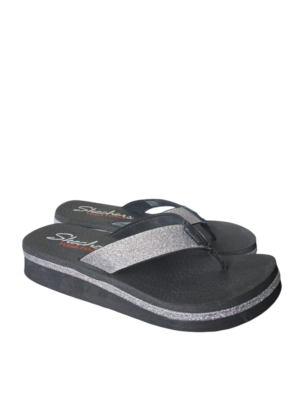 Skechers Women’s Black & Silver Glitter Foam Flip Flops Size 8